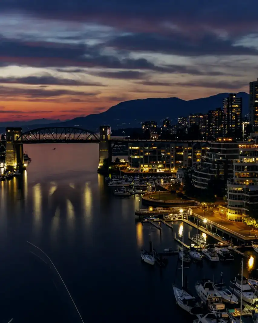 False Creek and the Granville Bridge at dusk, Vancouver