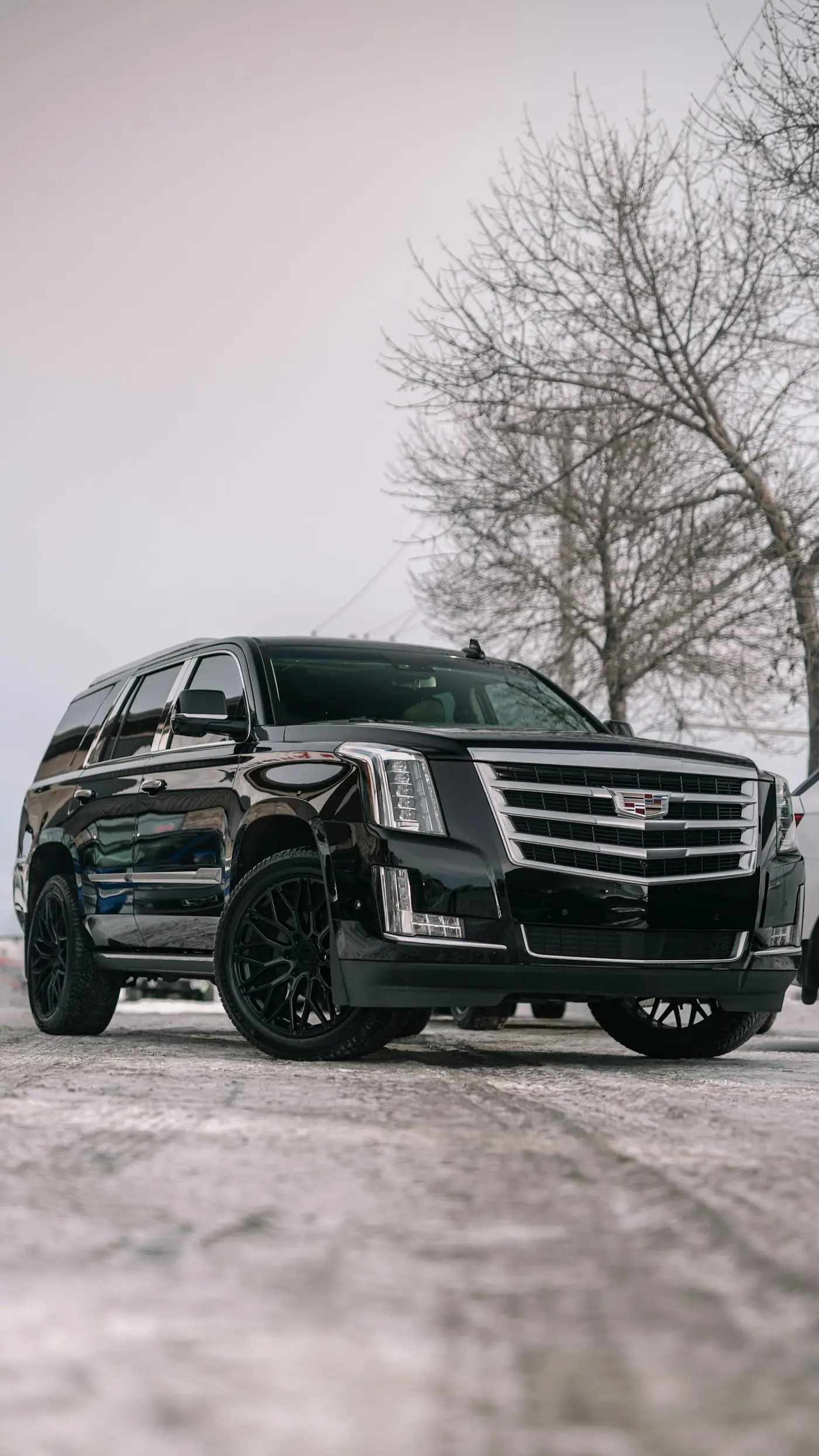 Black Cadillac Escalade on a snowy road with bare trees