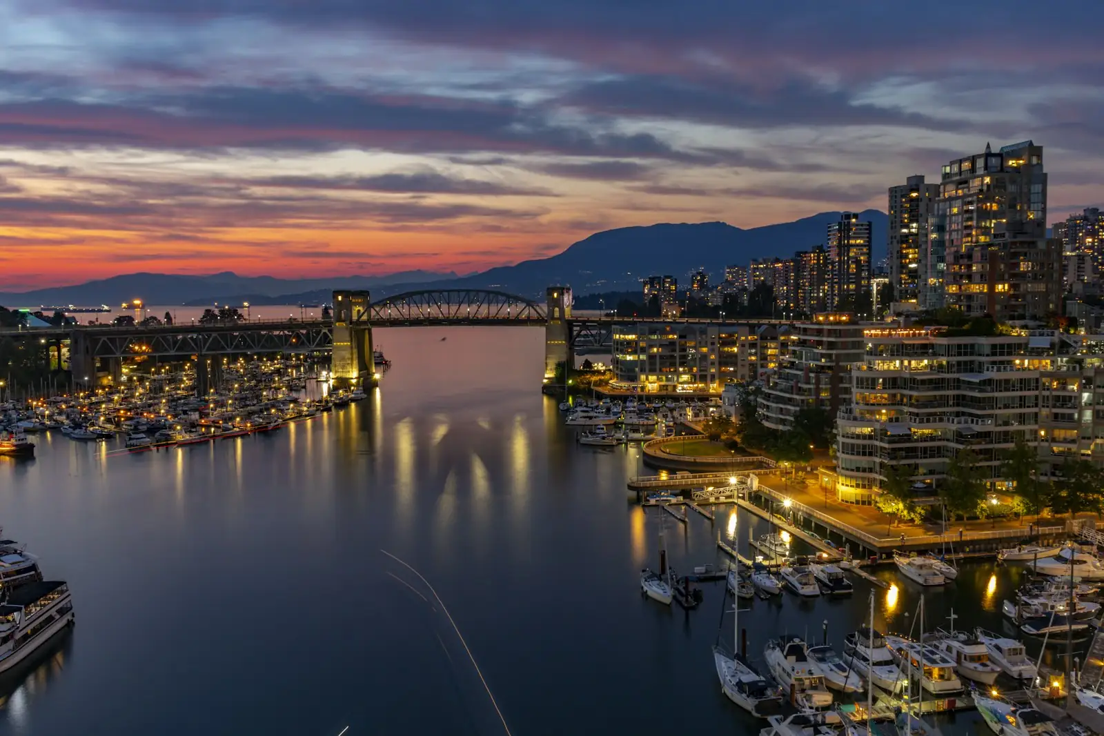 False Creek marina and Burrard Bridge in Vancouver at dusk