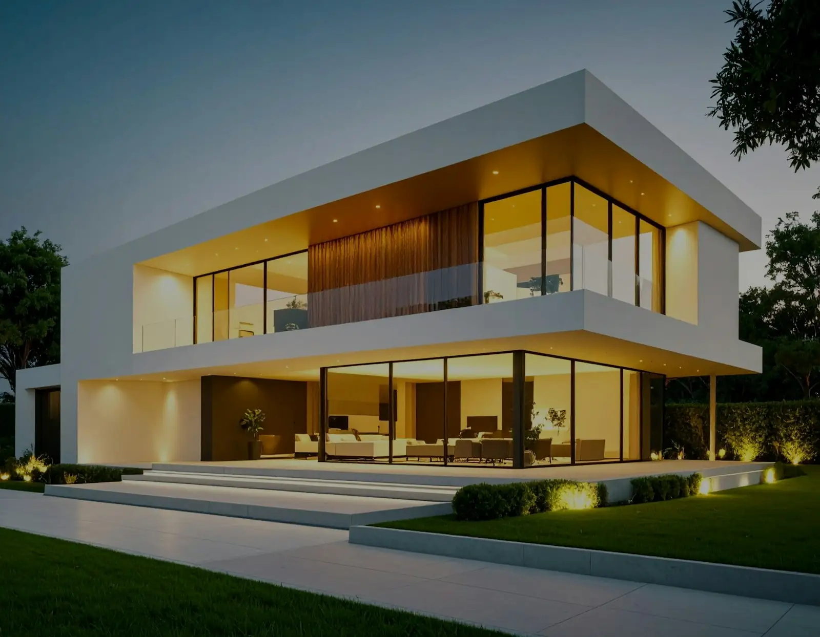 Modern house with glass walls glowing with interior light at dusk