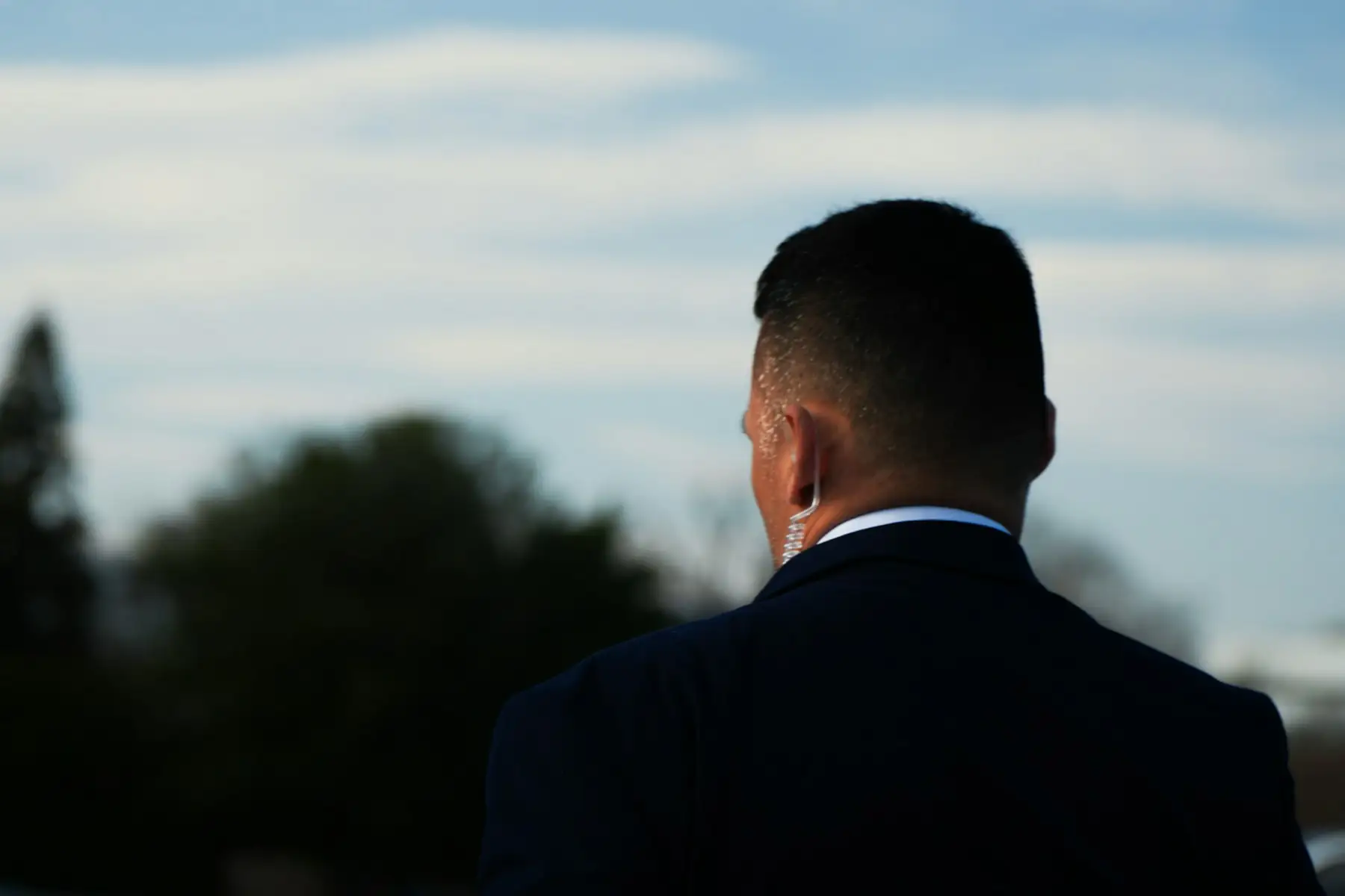 Man in a dark suit seen from behind, looking out at the evening sky